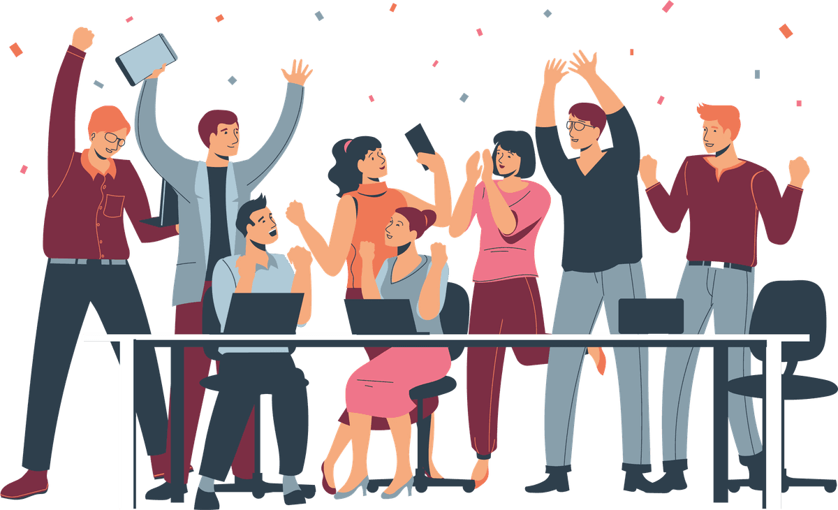 Dibujo de personas trabajando felices y festejando en una oficina